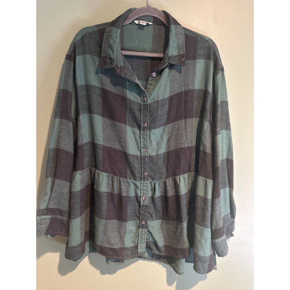 American Eagle Size L Plaid Button Down Blouse Ruffle Hem Boho Retro Y2K Vintage - Picture 2 of 8